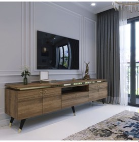 Resim Modern Tv Sehpası Gold Üçgen Kulp Kepli G0m24-2 Ceviz 35 Cm Derin 