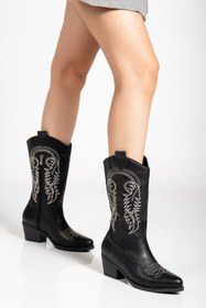 Resim mysticaluxe Shoes Kadın Siyah Suni Deri Bej Nakışlı Western Kovboy Cowgirl Bot Çizme M0010 