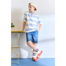 Resim DeFacto Oversize Baskılı Kısa Kollu Polo Çizgili Açık Mavi Tişört Erkek Çocuk H6355A826HS 