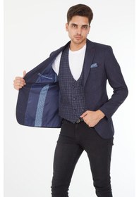 Resim Sposo 5139 Ekose Yelekli Dar Kalıp Lacivert Erkek Blazer Ceket Lacivert 