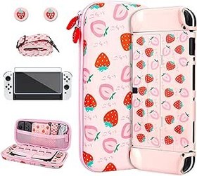 Resim RHOTALL Pink Cute Strawberry Carrying Case Set for Nintendo Switch OLED, Portable Travel Case for Switch OLED Accessories with Protective Shell, Shoulder Strap, Screen Protector and 2 Thumb Caps 