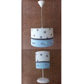 Resim Onay Avize Beyaz Yıldızlı Mavi Motifli 2.li Set M-0404 Kumaş Kaplama Genç ve Çocuk Odası Avize ve Abajur Takımı 