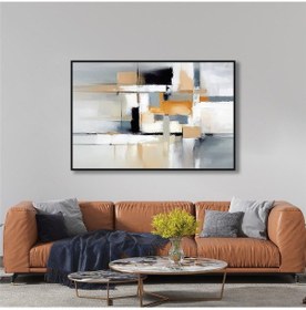 Resim Yağlı Boya Dokulu Tablo Siyah Bej Gri Soyut Siyah Çerçeveli U08077-179081 