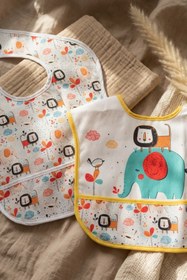 Resim Bebechi Safari Bliss 2'li Su Geçirmez Cepli Bebek Mama Önlüğü - Leke Tutmaz Silinebilir Safari Desenli Mama 