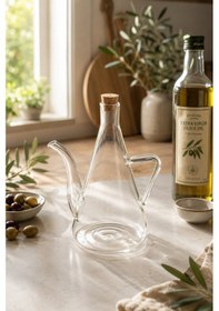 Resim Cam Yağdanlık 500 Ml 19 Cm Şeffaf Kulplu Akıtmaz Yağlık Sirkelik Zeytinyağı Sunum Şişesi 
