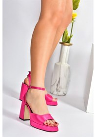Resim Fox Shoes Fuşya Saten Kumaş Kalın Platform Topuklu Kadın Ayakkabı 
