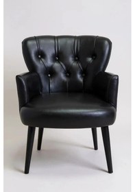 Resim Waterybrook Tekli Berjer Koltuk - Kapitoneli Suni Deri - Siyah Ahşap Ayaklı - Modern Tasarım Siyah 