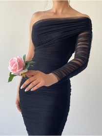 Resim my bella Siyah Tek Omuz Tül Drapeli Elbise 