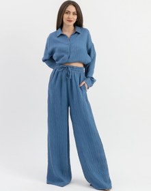 Resim VELİZADE Konfor Modeli Oversize Mavi Yanı Büzgülü Viskon Kumaş Boyfriend Gömlek Uzun Tesettür Gömlek 