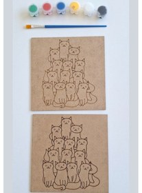 Resim Boya, Eğlen, Keşfet - Çocuklar İçin Eğitici Sevimli Kediler 2 Parça Ahşap Boyama Seti 