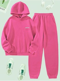 Resim California Minimal Yazı Eşofman Takımı Sweatshirt Jogger - Pembe Baskılı Şardonlu Kapüşonlu Pembe 
