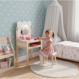 Resim Masal Oyuncak Ahşap Çocuk Güzellik Makyaj Masası Tabüreli 
