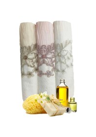 Resim 3 Lü Tül Dantel İşlemeli Boncuklu Havlu Seti 50x90 Cm Çok Renkli 