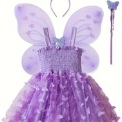 Resim 4 adet Yeni Kız Elbise Seti, 3D Kelebek File Tüll Prenses Kostümü ile Halloween ve Noel için (Elbise + Saç Bandı + Kanatlar + Peri Çubuğu) 
