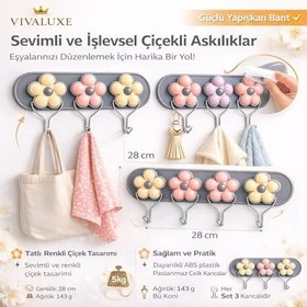 Resim Çiçek Tasarımlı Duvar Askısı, 3’lü Metal Kanca Seti, Dekoratif Renkli Kapı ve Duvar Askısı, Mutfak, Banyo, Yatak Odası İçin Organizer Askı, 