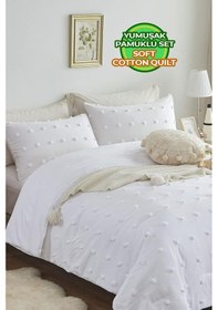 Resim Evlen Home Pamuklu Emmy Yatak Örtüsü Seti Günlük Çift Kişilik Boho 3 Parça Dolgulu Tufting Beyaz Beyaz 