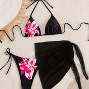 Resim Kadınların Seksi Çiçek Desenli Bikini Seti - Siyah ve Pembe Çiçek Deseni, Askılı Boyun, Yüksek Esneklikli Kumaş, Bağcıklı Detay, Etek Tarzı, Plaj veya Havuz İçin Mükemmel, Plaj Kıyafeti|Çiçek Desenli Mayo|Esnek Kumaş 