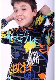 Resim Fyk Kids Kapüşonlu Desenli Unisex Sweatshirt 2 İplik Siyah 
