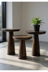 Resim AYLESA Doğal Ahşap 3’lü Set Mantar Yan Sehpa Modern Koyu Ceviz Renk Fiskos Zigon Çiçeklik 