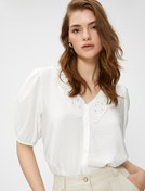 Resim Taşlı Gömlek Fisto Yaka Balon Kol 