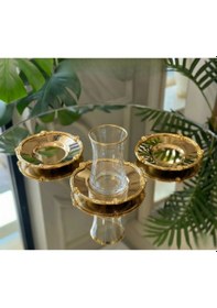 Resim 12 Parça 6 Kişilik Gold Metal Çerçeveli Çay Seti Bardak & Metal Tabak Takımı Beyaz 