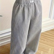 Resim Kadın Şık Çizgili Geniş Paça Pantolon - Rahat Polyester Karışımı, Esnek Olmayan, İlkbahar/Sonbahar İçin Mükemmel - Günlük Stil, Çizgili Desen, Mevsimlik, Cepli, Düz Kesim, Yetişkin, Dokuma Kumaş 