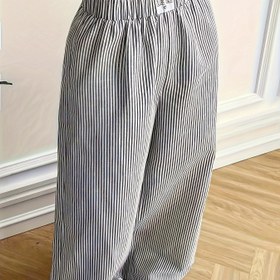 Resim Kadın Şık Çizgili Geniş Paça Pantolon - Rahat Polyester Karışımı, Esnek Olmayan, İlkbahar/Sonbahar İçin Mükemmel - Günlük Stil, Çizgili Desen, Mevsimlik, Cepli, Düz Kesim, Yetişkin, Dokuma Kumaş 