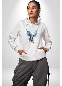 Resim Mavi Beyaz Kartal Kuş Kadın Erkek Beyaz Kapüşonlu Sweatshirt Hoodie Beyaz 