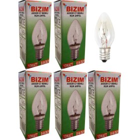Resim Bizim 5 Adet 10 Waat E14 Duy Renkli Şeffaf C7 Mum Ampül Sarı 