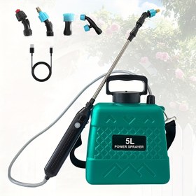 Resim USB Şarj Edilebilir Tutma Kolu ile 4.92 L Pil Gücüyle Bahçe Püskürtücüsü, 4 Nozul Püskürtme, Uzatılabilir Çubuk, Ayarlanabilir Omuz Askısı ile Bahçe, Çim ve Bahçe için Pompalı Püskürtücü 