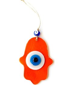 Resim Nazar Boncuklu Şeffaf Turuncu Fatma Ana Bereket Eli Cam Duvar Süsü 