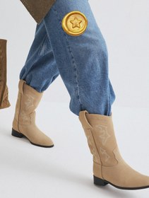 Resim LUTVELIZADE Çizme 2516 - İşlemeli Kısa Kovboy Bej Süet Kadın Çizme 