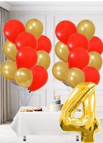 Resim 4 Yaş Sarı Kırmızı Taraftar Temalı Doğum Günü Seti Altın Kırmızı Balonlar Altın Folyo Rakam Altın 