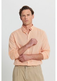 Resim AC&Co / Altınyıldız Classics Erkek Turuncu %100 Keten Comfort Fit Rahat Kesim Düğmeli Yaka Gömlek Turuncu 