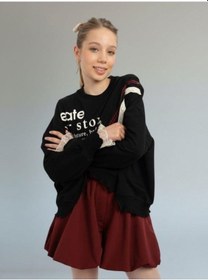 Resim Kız Çocuk Asimetrik Kesim Güpür Detaylı Oversize Tasarım Sweatshirt-16767 Siyah 