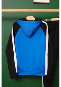 Resim Unisex Şerit Detaylı Kapüşonlu Çocuk Eşofman Takımı Mavi 