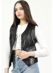 Resim Dericlub Vittoria Kadın Düğmeli Slim Fit Hakiki Deri Yelek Siyah 