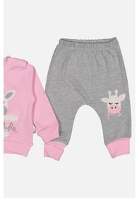 Resim Zürafa Nakışlı % 100 Pamuk Kız Bebek Takımı Pembe 