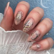 Resim 24 adet Zarif Nude Oval Press-On Tırnak Seti, Altın ve Gümüş Renkli Yılan, Güneş, Ay, Yıldız Desenleri, Parlak Bitiş, Kadınlar için Mükemmel Festival Partileri, Promlar, Tatil Tırnak Süslemeleri 