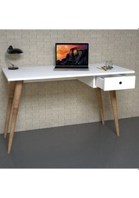 Resim Emkawood Emkawood Tina Masif Ayaklı Çekmeceli Beyaz Çalışma Masası 