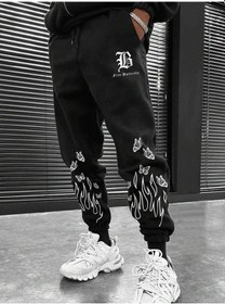 Resim Legnd Fire & Letter Graphic Drawstring Waist Eşofman Altı Siyah 