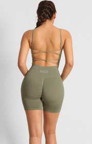 Resim Yüksek Bel Büzgülü Push-Up Spor Tayt Şort Haki - XS 