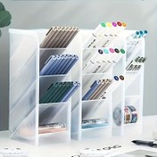 Resim Bir adet çok fonksiyonlu masa düzenleyici, şeffaf plastik kalemlik, mat eğimli takma tasarım, çok yönlü kırtasiye/kalemlik, makyaj fırçası/ruj saklama, kompakt alan tasarrufu sağlayan 