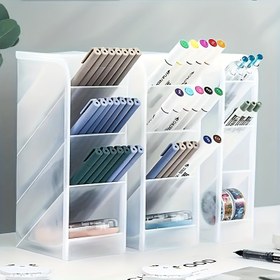 Resim Bir adet çok fonksiyonlu masa düzenleyici, şeffaf plastik kalemlik, mat eğimli takma tasarım, çok yönlü kırtasiye/kalemlik, makyaj fırçası/ruj saklama, kompakt alan tasarrufu sağlayan 