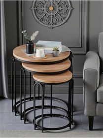 Resim Lenka Açık Ceviz Ahşap Zigon Orta Sehpa Takımı Yuvarlak Siyah Metal 3+1 - Lenka-zigonorta-siyah Açık Ceviz 