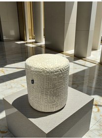 Resim Prime Dokulu Geometrik Desenli Silindir Puff Lüks Dekoratif Oturma Pufu Krem 