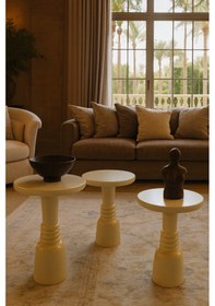 Resim Ahşap Mantar Sehpa 3 Lü Set Krem Renk Doğal Zigon Fiskos Takımı Bej 