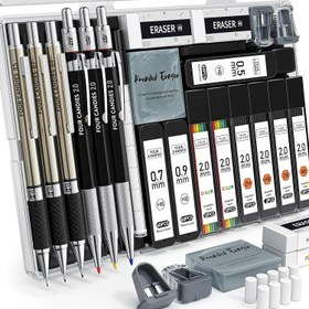 Resim DörtCandies 25 adet Sanat Mekanik Kalem Seti Kılıf ile - 3 adet Metal Sanatçı Kurşun Kalemler (0.5, 0.7, 0.9mm) ve 3 adet 2mm Kurşun Tutucuları (HB, 2H, 2B, 4B) Çizim ve Çizim için 432 adet Grafit Kurşun Dolumları içerir, Çizim Malzemeleri | Düzenlenmiş Kalem Kutusu | Dayanıklı Kalem Kutusu, Kalem Düzenleyici Kutu 