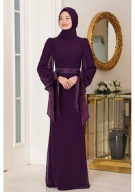 Resim Raika Moda Kol Detaylı Firuze Şifon Tesettür Abiye Mor 