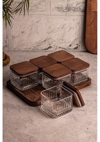 Resim Snippy Bella Kare 6'lı Vakumlu Kapaklı Tepsili Cam Kahvaltılık Ahşap - Şeffaf 